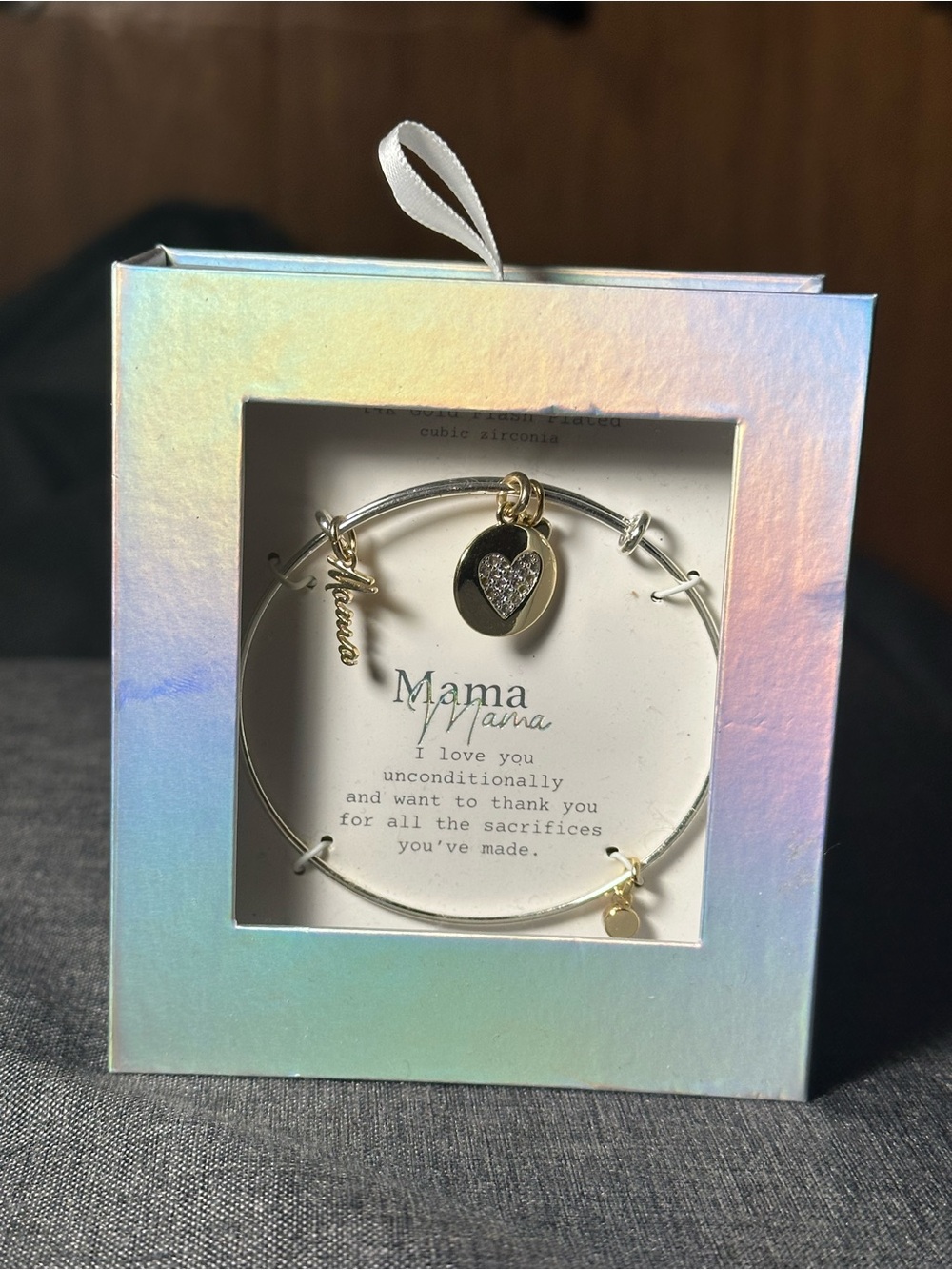 Mama Heart Charm Silver Bangle Bracelet with Gold Accents